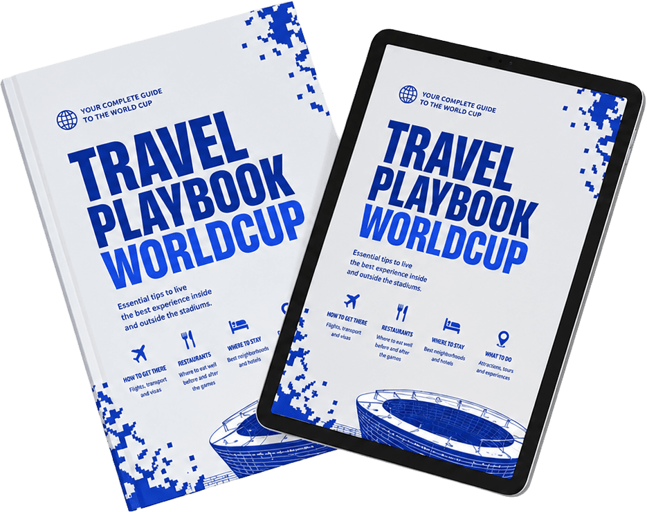 USA Travel Playbook ebook mockup beside a tablet with restaurants, places, stadiums, and routes