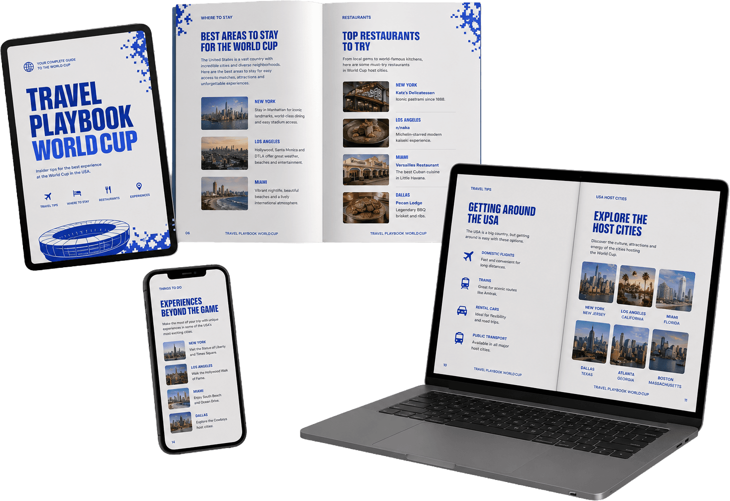 Open ebook pages showing US restaurants, places, stadiums, routes, and travel tips